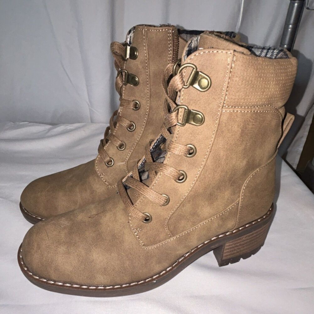 Crown Vintage Marley Combat Boots Brown Lace Zipper Lined Manmade 6 Round Toe